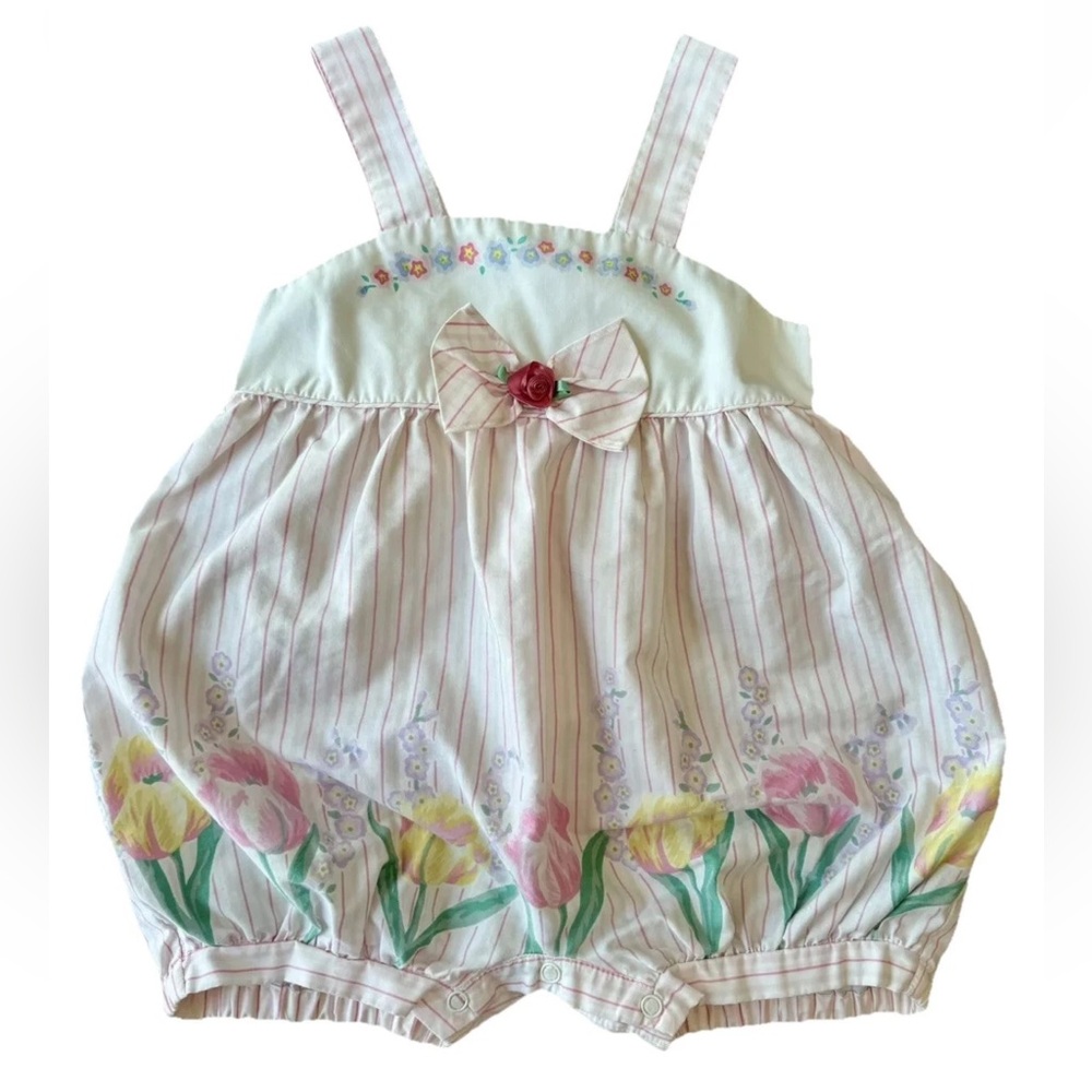 Girls VTG 90s tulip & floral themed bubble pink stripes bow and rose‎ on chest